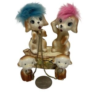 Vintage Ceramic Dog Figurines‎ 4 Piece Set Blue Pink Poodle Puppies Japan